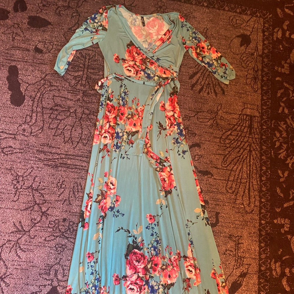 Turquoise floral retro roses maxi faux wrap dress size small